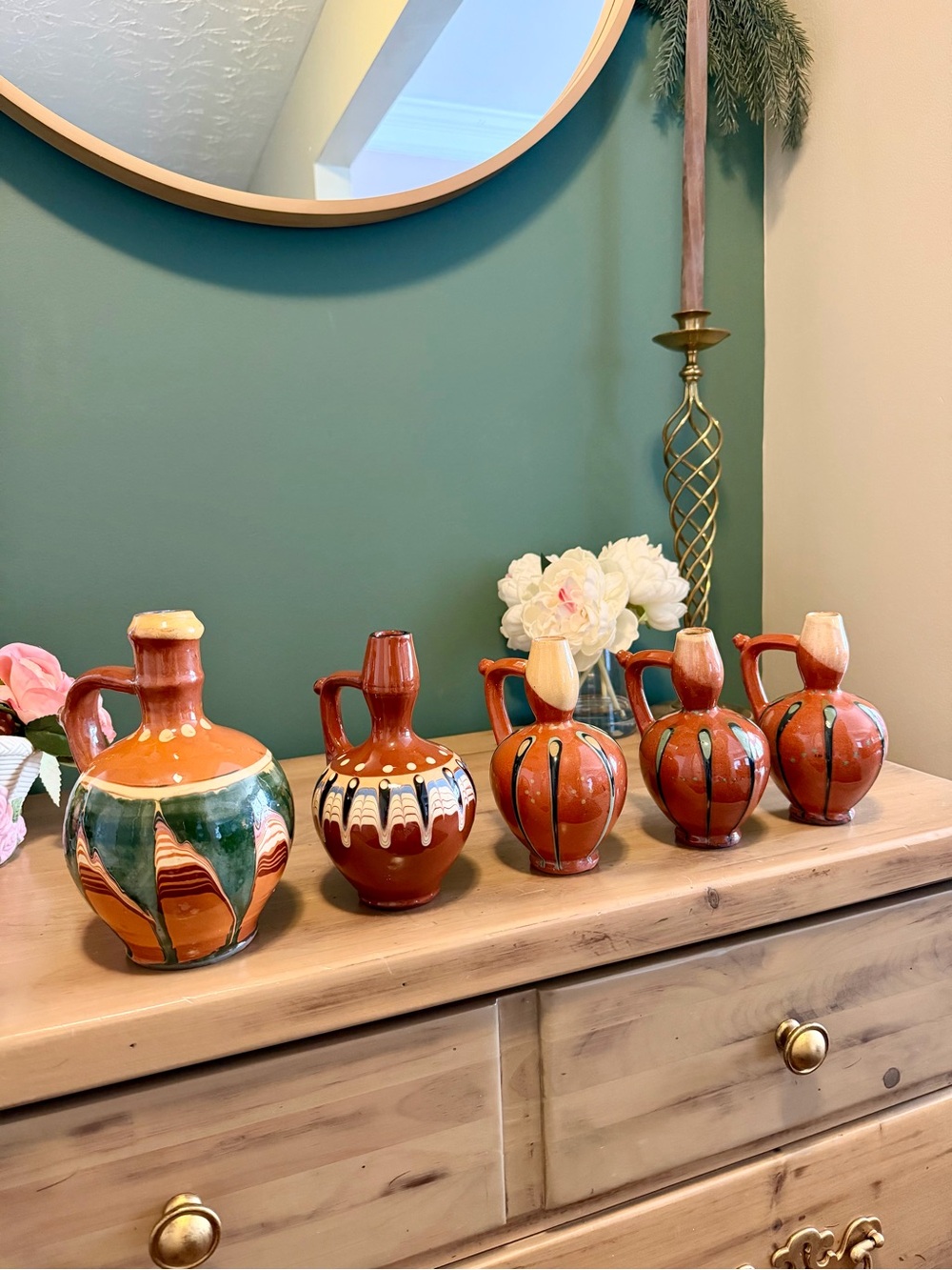 Vintage Bulgarian Folk Art Pottery Jug Set Hand Painted 6pc